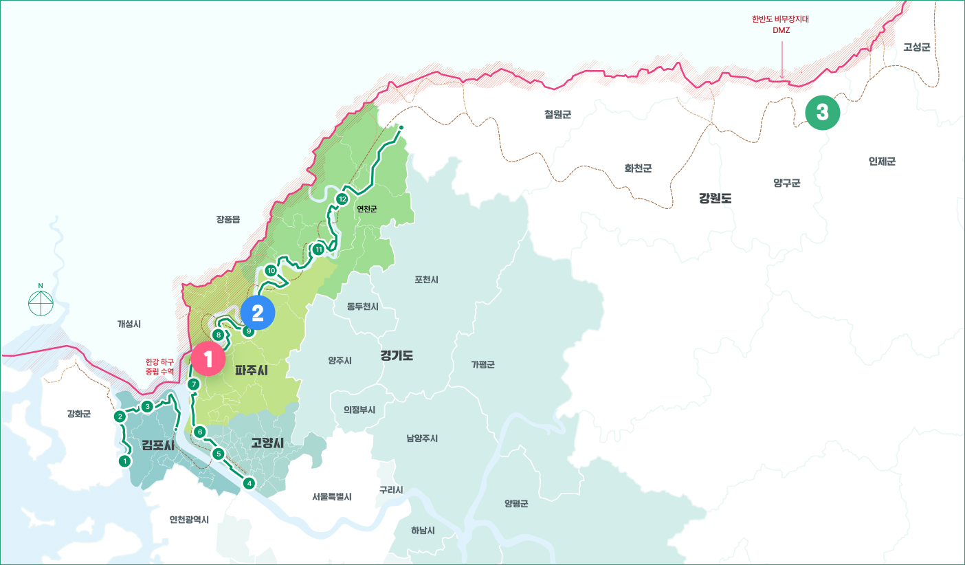 김포시부터 고성군까지 한반도 비무장지대 DMZ를 나타내는 지도