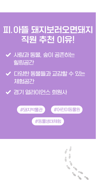 피아뜰 직원 추천 이유, 사람과 동물,숲이 공존하는 힐링공간, 다양한 동물들과 교감할 수 있는 체험공간, 경기 얼라이언스 회원사, #돼지박물과, # 어린이 동물원, #동물생태체험