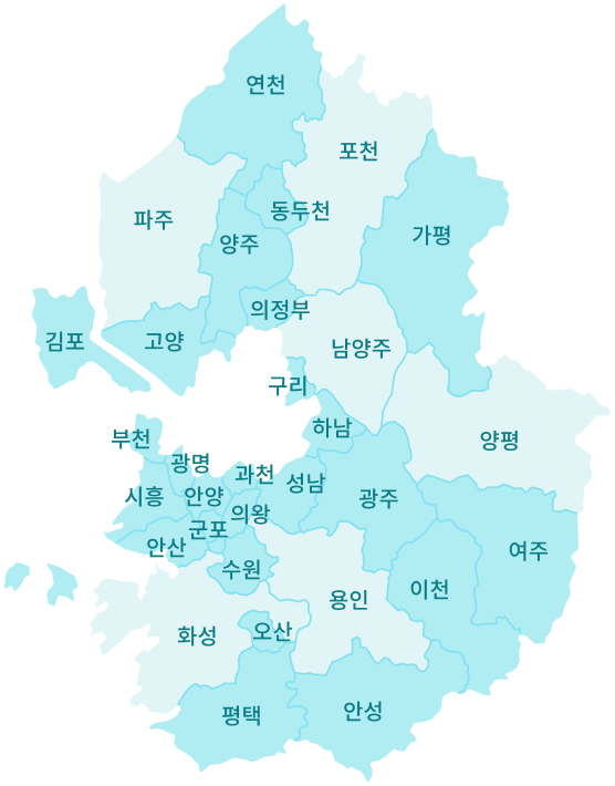 경기도지도: 연천, 파주, 양주, 동두천, 포천, 의정부, 남양주, 가평, 김포, 고양, 구리, 부천, 시흥, 광명, 안양, 과천, 안산, 군포, 의왕, 성남, 수원, 하남, 광주, 양평, 화성, 용인 오산, 평택, 안성, 이천, 여주